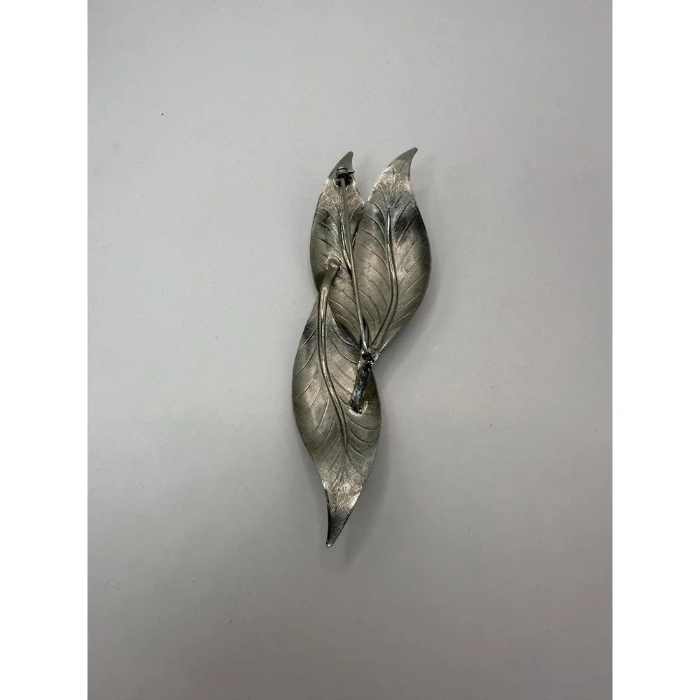 Vintage‎ Silver Tone Double Leaf Brooch Mid Century Botanical Pin